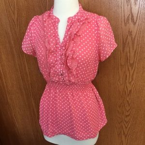Dressy Pink Polka Dot Shirt w/ Ruffle Detail